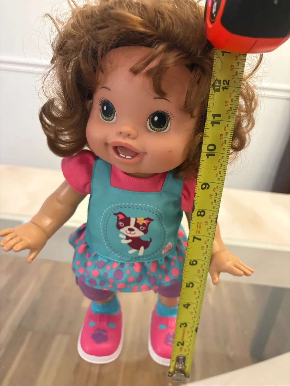 Hasbro Baby Alive Doll Brown Hair Green Eyes Puppy Dress Pink 12
